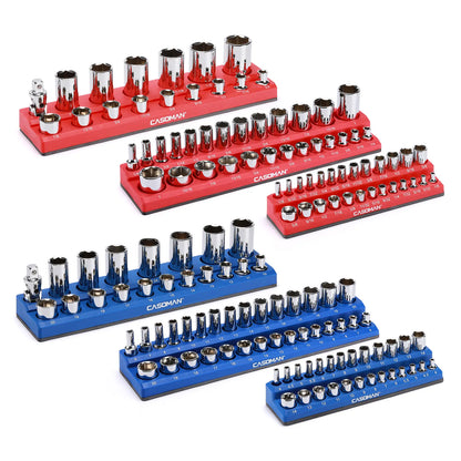 Magnetic Socket Organizer, 6 Piece Socket Holder Kit, 1/2-inch, 3/8-inch, 1/4-inch Drive,Holds 143 SAE&MetricSockets, Red & Blue,Professional Quality Tools Organizer