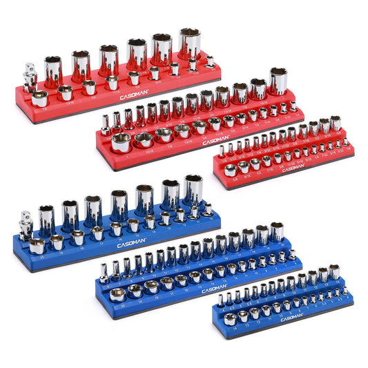 Magnetic Socket Organizer, 6 Piece Socket Holder Kit, 1/2-inch, 3/8-inch, 1/4-inch Drive,Holds 143 SAE&MetricSockets, Red & Blue,Professional Quality Tools Organizer