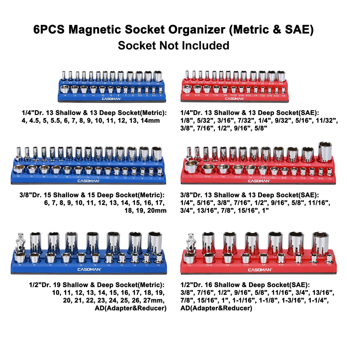 Magnetic Socket Organizer, 6 Piece Socket Holder Kit, 1/2-inch, 3/8-inch, 1/4-inch Drive,Holds 143 SAE&MetricSockets, Red & Blue,Professional Quality Tools Organizer