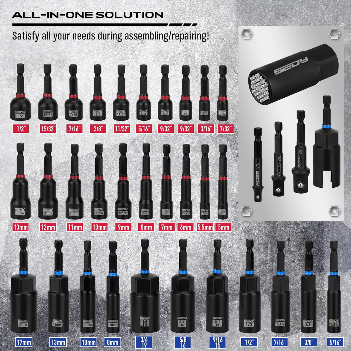 41/59/80-Piece Magnetic Impact Nut Driver Set – SAE & Metric Socket Bits, Adapters, Extensions, Wing Nut Driver & Universal Sockets