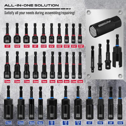 41/59/80-Piece Magnetic Impact Nut Driver Set – SAE & Metric Socket Bits, Adapters, Extensions, Wing Nut Driver & Universal Sockets