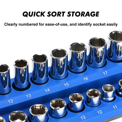 Magnetic Socket Organizer, 6 Piece Socket Holder Kit, 1/2-inch, 3/8-inch, 1/4-inch Drive,Holds 143 SAE&MetricSockets, Red & Blue,Professional Quality Tools Organizer