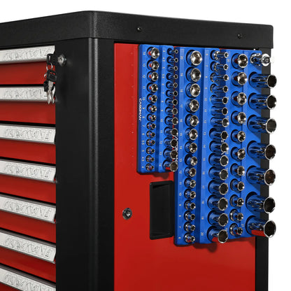 Magnetic Socket Organizer, 6 Piece Socket Holder Kit, 1/2-inch, 3/8-inch, 1/4-inch Drive,Holds 143 SAE&MetricSockets, Red & Blue,Professional Quality Tools Organizer