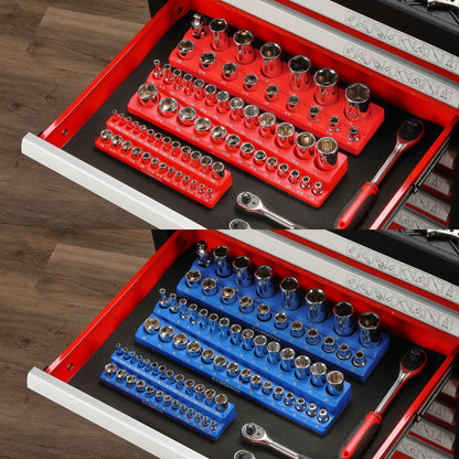 Magnetic Socket Organizer, 6 Piece Socket Holder Kit, 1/2-inch, 3/8-inch, 1/4-inch Drive,Holds 143 SAE&MetricSockets, Red & Blue,Professional Quality Tools Organizer