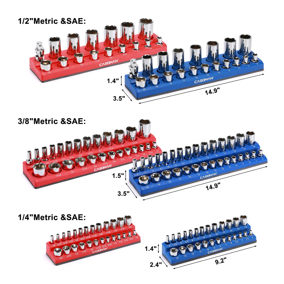 Magnetic Socket Organizer, 6 Piece Socket Holder Kit, 1/2-inch, 3/8-inch, 1/4-inch Drive,Holds 143 SAE&MetricSockets, Red & Blue,Professional Quality Tools Organizer